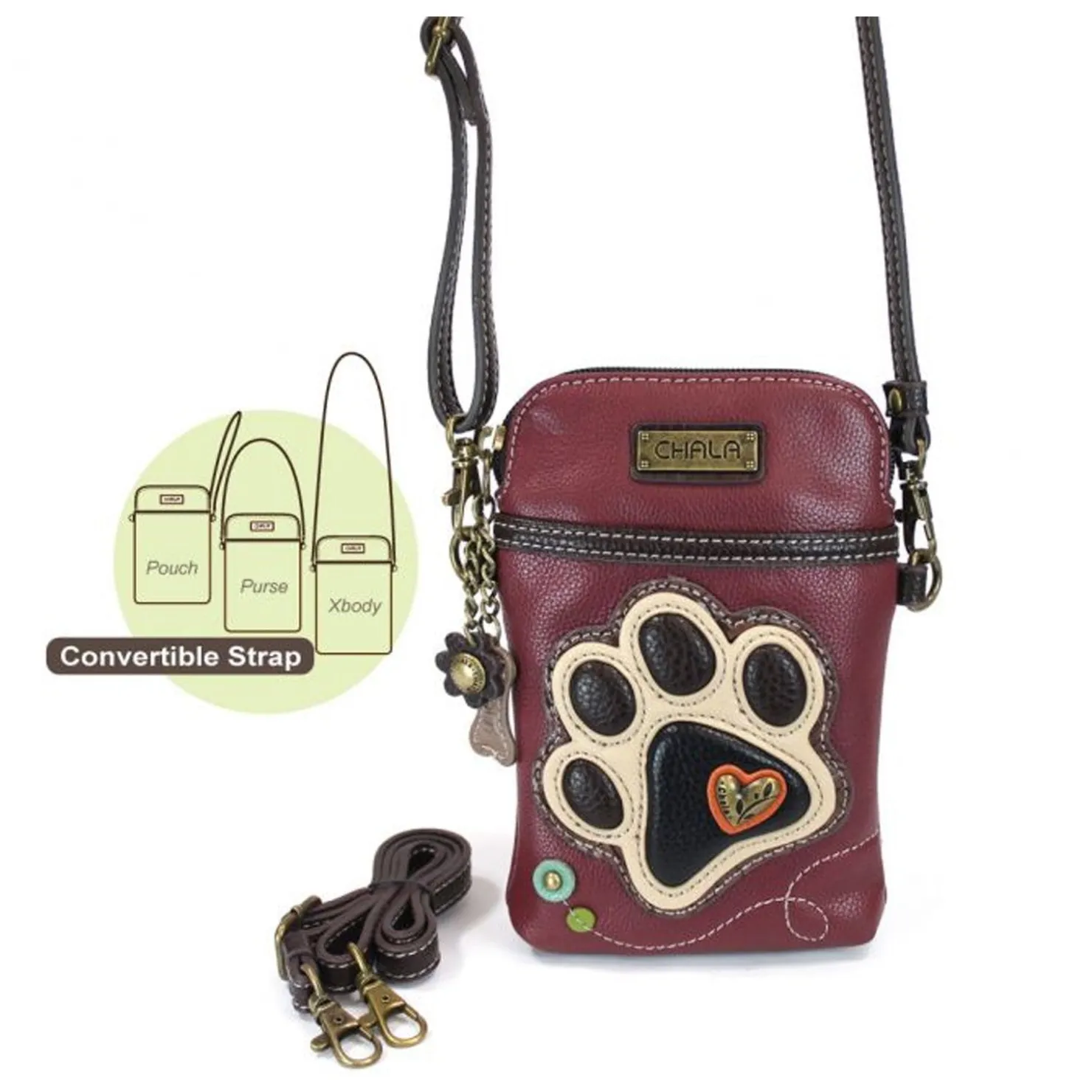 Handbags*Chala , Ivory Paw Print Cell Phone Crossbody Burgundy