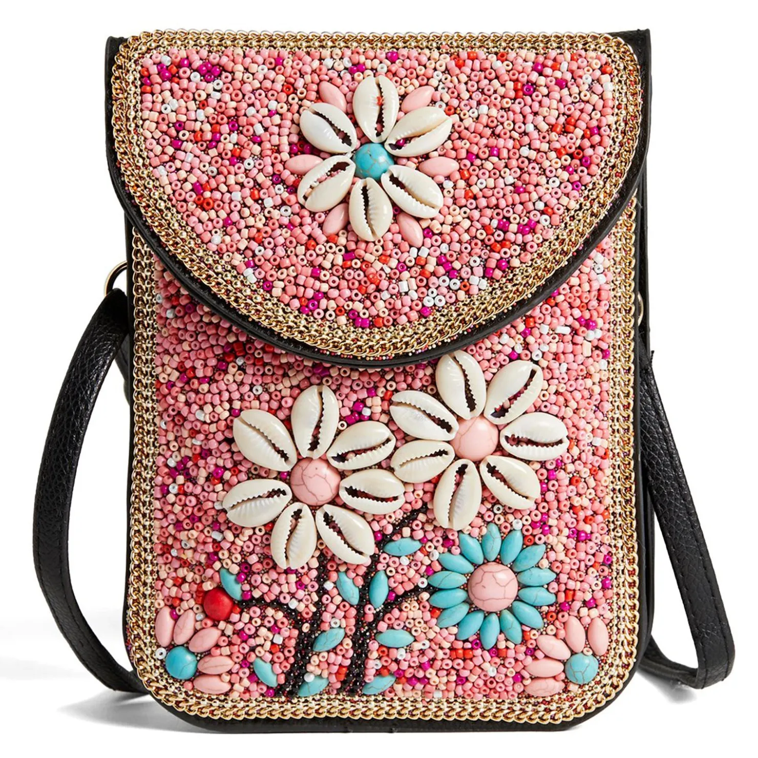 Handbags*Coco & Carmen , Artisan Beaded Crossbody Pink Floral