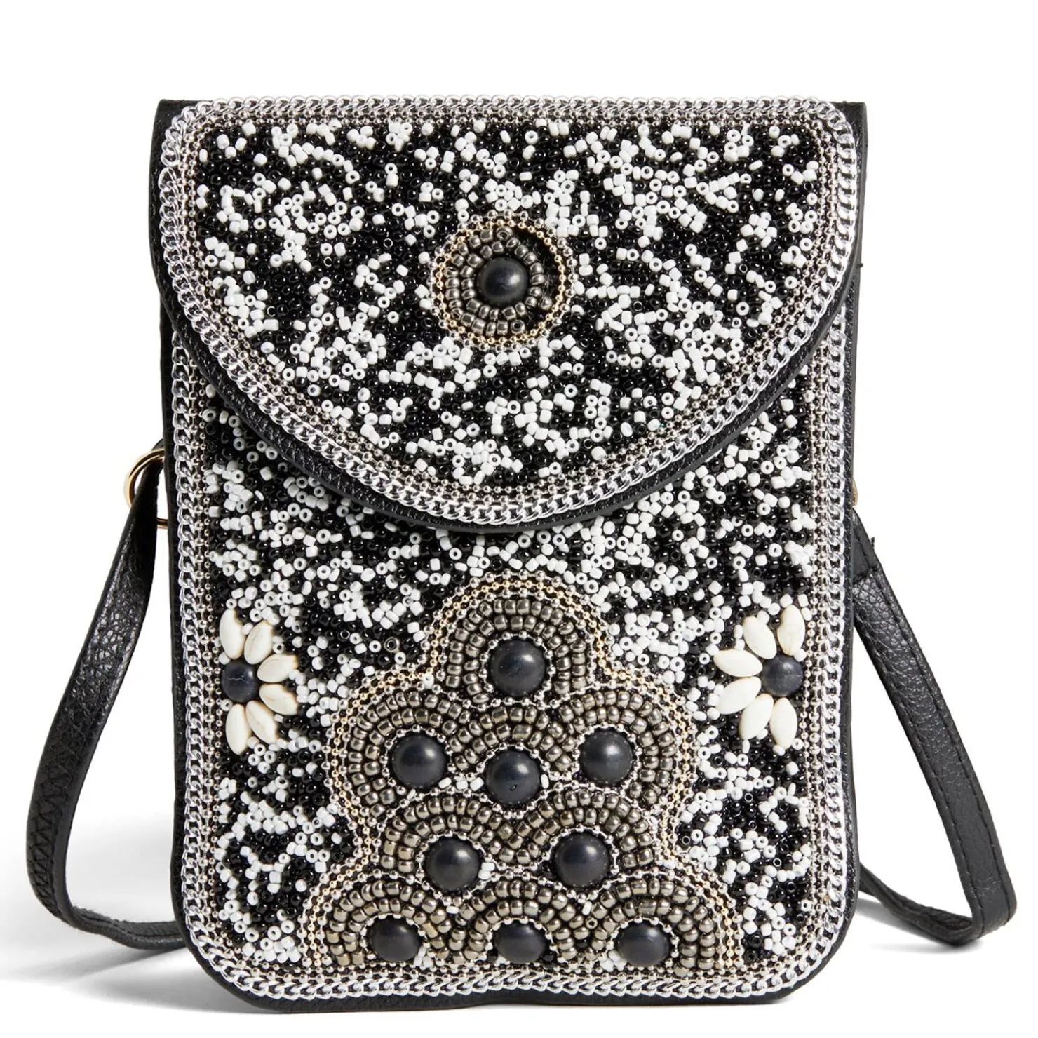 Handbags*Coco & Carmen , Artisan Beaded Crossbody Black/White