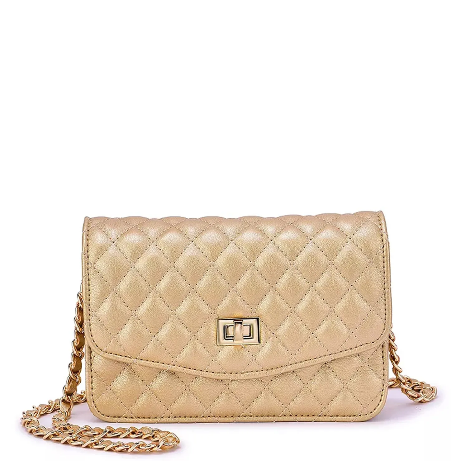 Handbags*Mellow World Handbags , Amanda Quilted Crossbody Clutch Metallic Champagne