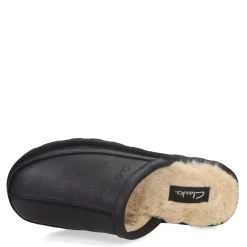 Slippers*Clarks Men's , Leather Scuff Slipper Black