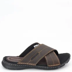 Sandals*Rockport Men's , Darwyn Cross Band Slide Sandal Brown Ii Leather