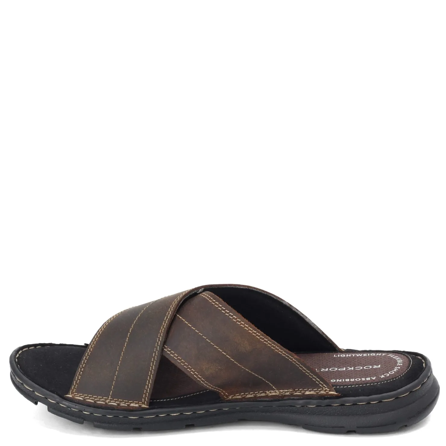 Sandals*Rockport Men's , Darwyn Cross Band Slide Sandal Brown Ii Leather