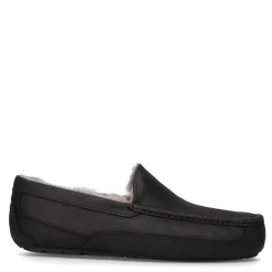 Slippers*UGG Men's , Ascot Slipper - Wide Width Black Leather/Grey