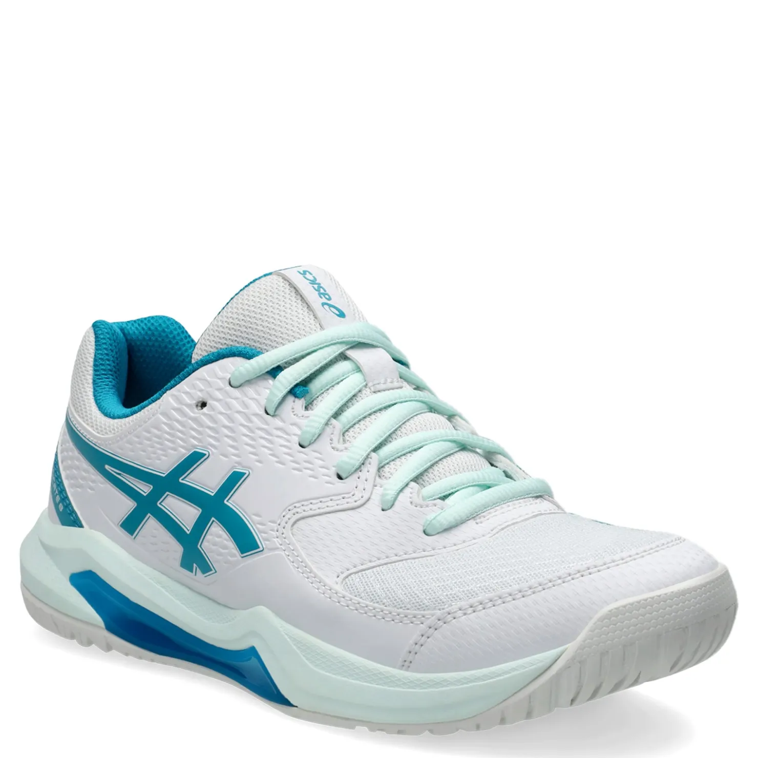 Court*ASICS Women's , GEL-Dedicate 8 Tennis Shoe White/Teal Blue