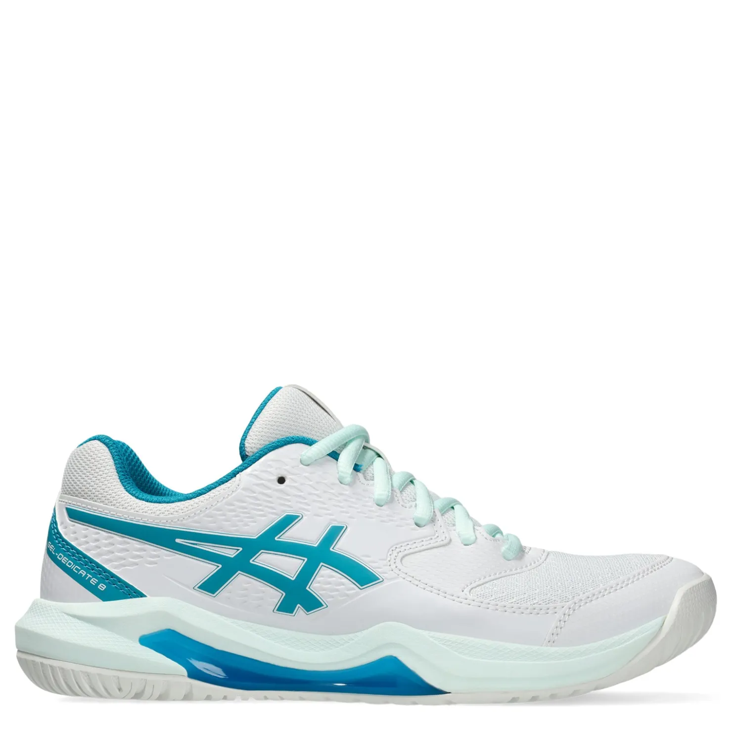 Court*ASICS Women's , GEL-Dedicate 8 Tennis Shoe White/Teal Blue