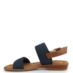 Footbed Sandals*Ros Hommerson Women's , Cabana Sandal Navy Fabric/ Tan Leather
