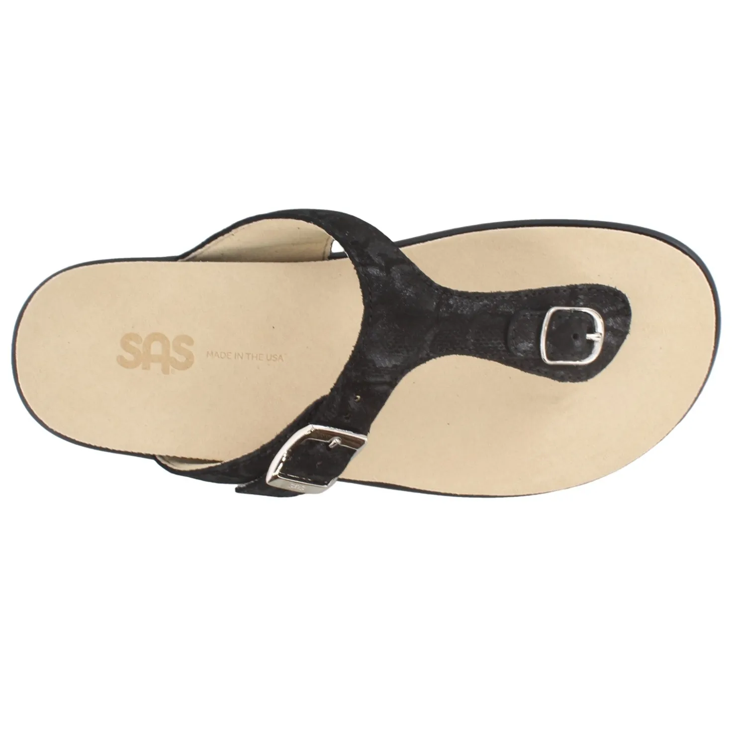 Footbed Sandals*SAS Women's , Sanibel T-Strap Slide Sandal Black Snake