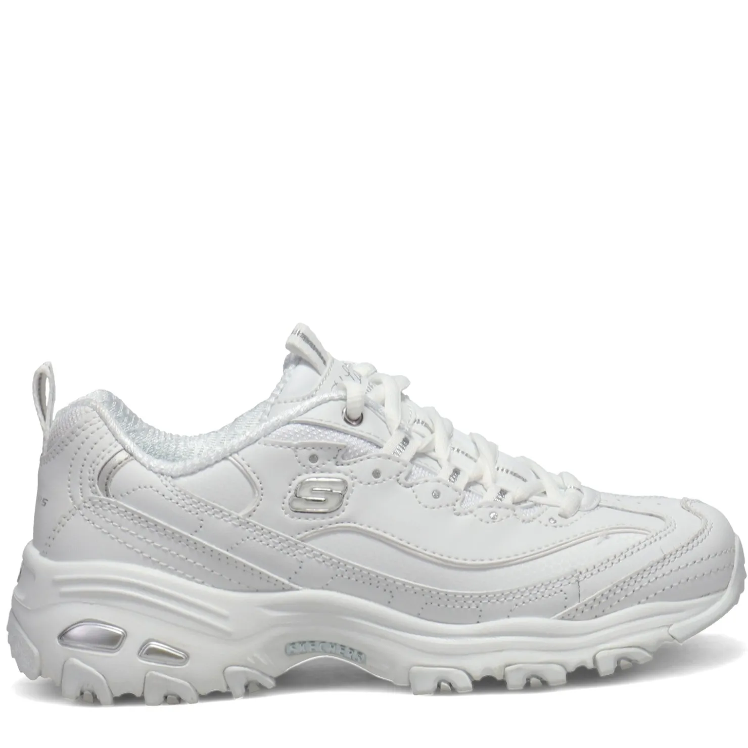Walking*Skechers Women's , D'Lites - Fresh Start Sneaker - Wide Width White/Mesh/Silver